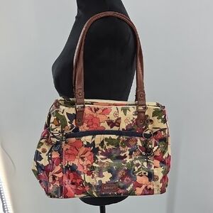 Floral Canvas Tote Bag with Brown Accents
